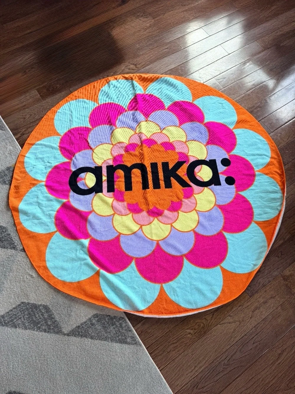amika Round Beach Towel Mandala Floral Neon Orange Oversized 58” Like New